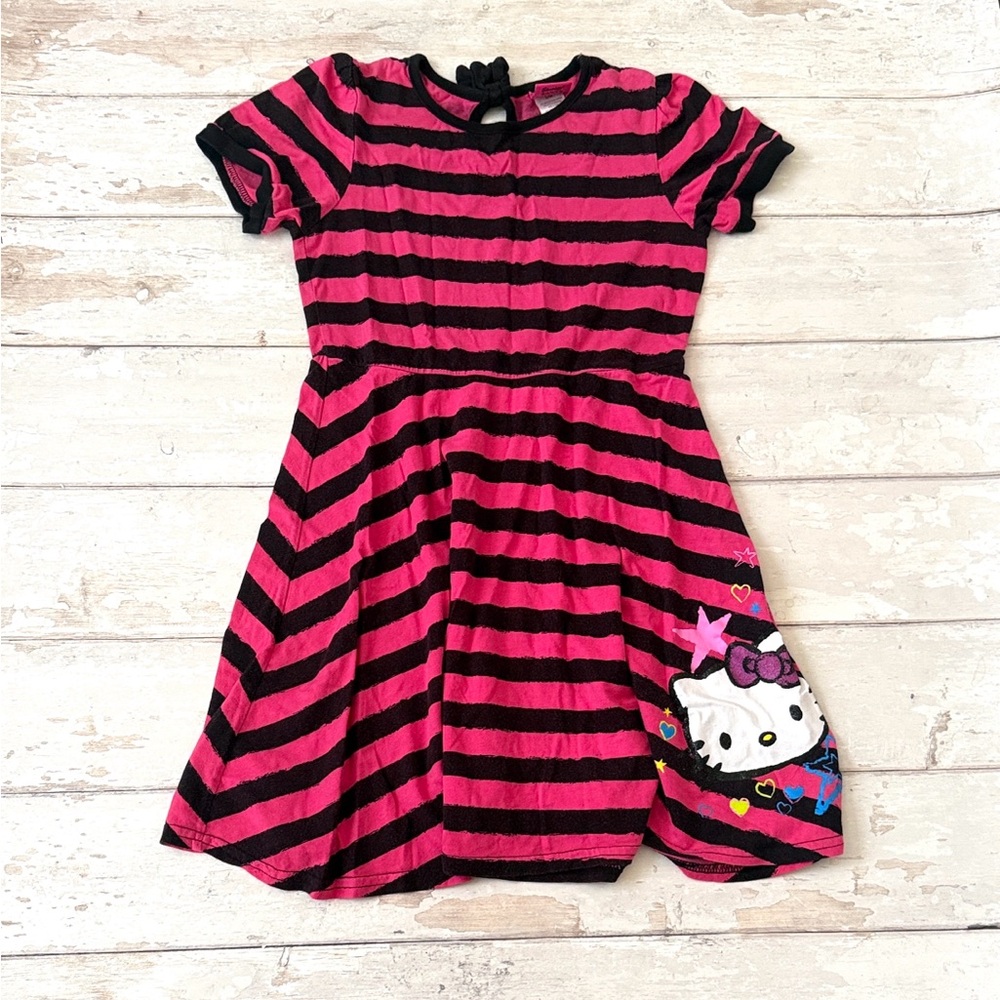 Hello Kitty Sanrio Girls Dress Size 12 Pink Black Stripes Short Sleeves